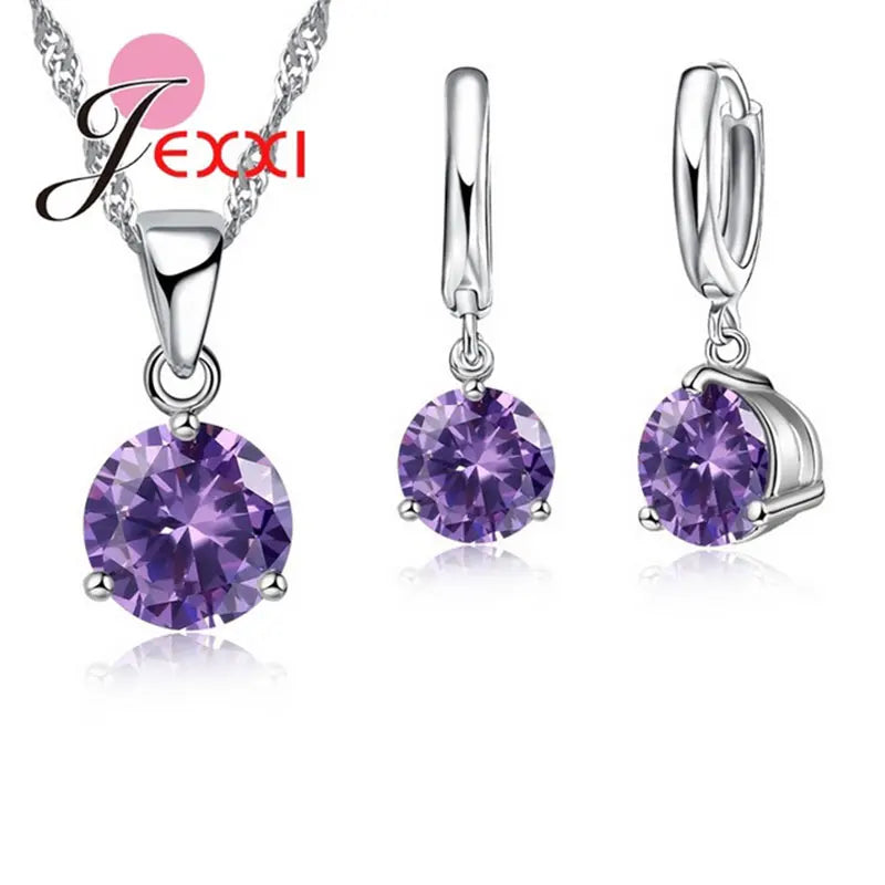 Big Promotions Simple Three Claws Round Crystals 925 Sterling Silver Pendant Necklace Earring Jewelry Sets Women Wedding