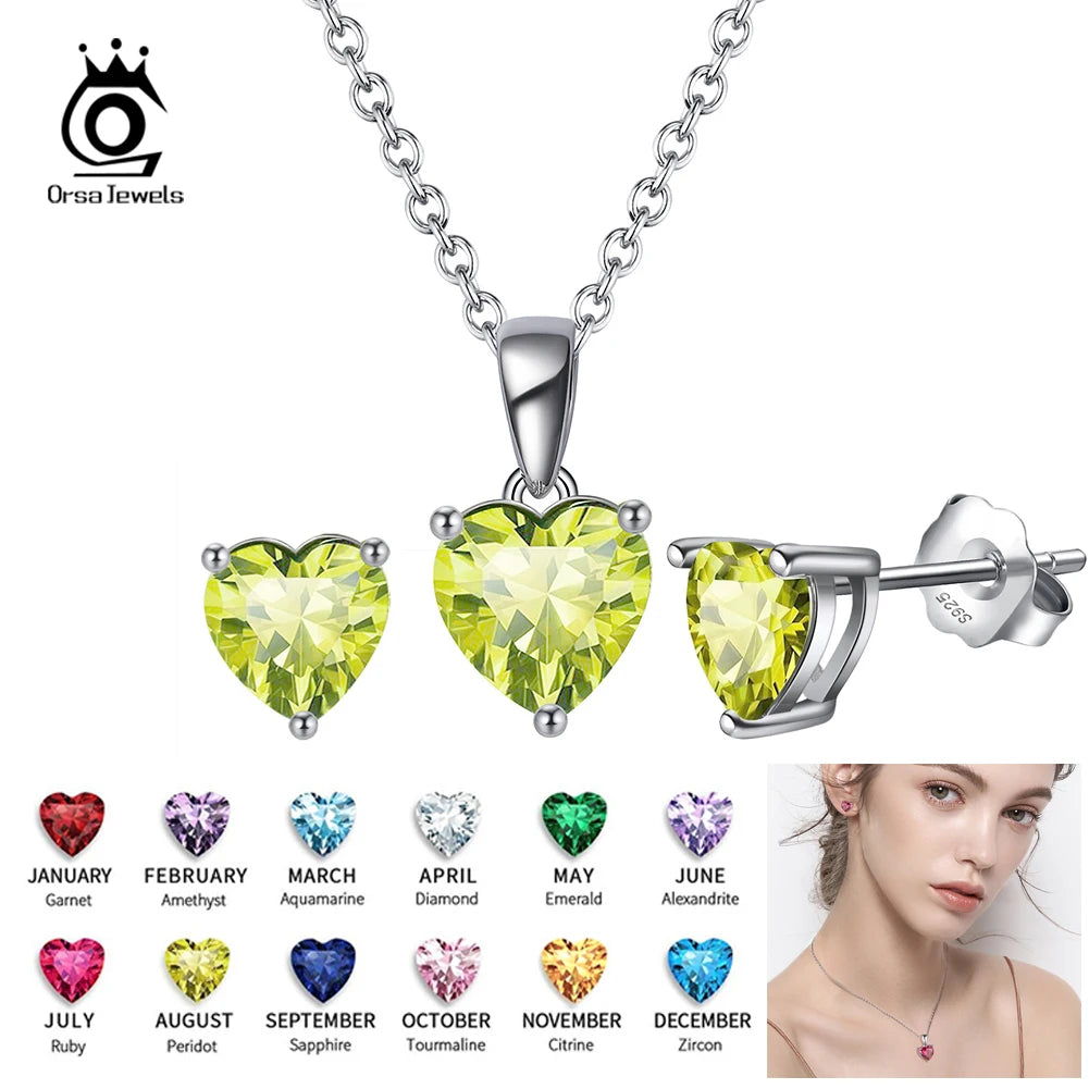 ORSA JEWELS 925 Sterling Silver Heart Birthstone Cubic Zirconia Necklace Earrings Set Jewelry for Woman Girl Birthday Gift SS160