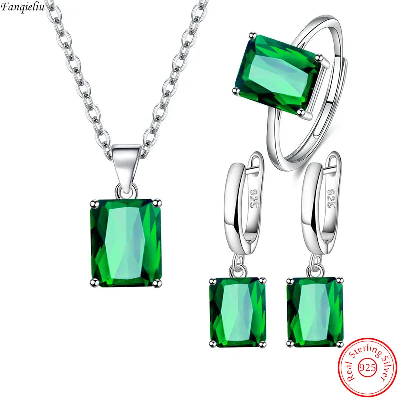 Fanqieliu 925 Sterling Silver Square Crystal Drop Earrings Ring Pendant Necklace Jewelry Sets For Women Trendy New FQL22233