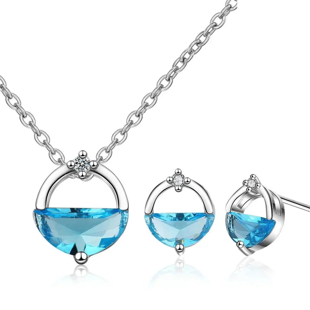 S925 Sterling Silver Blue Crystal Elegant Jewelry Sets For Women Wedding Earrings Necklaces Accessories