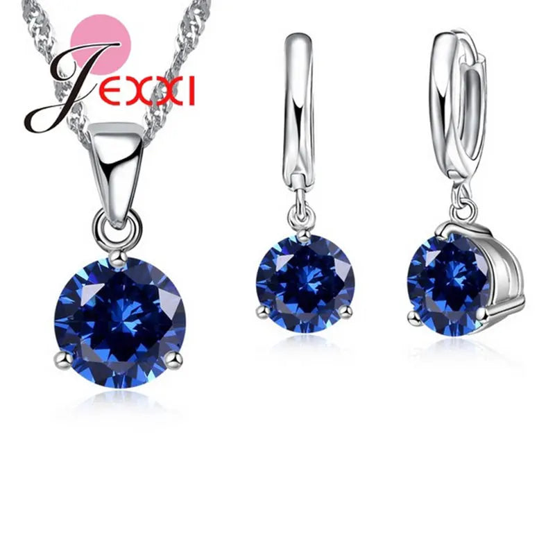 Big Promotions Simple Three Claws Round Crystals 925 Sterling Silver Pendant Necklace Earring Jewelry Sets Women Wedding