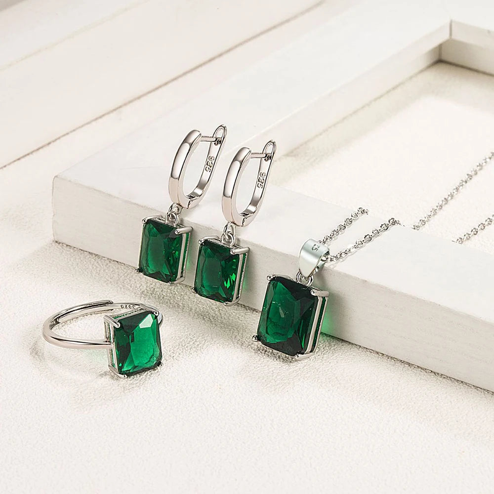 Fanqieliu 925 Sterling Silver Square Crystal Drop Earrings Ring Pendant Necklace Jewelry Sets For Women Trendy New FQL22233