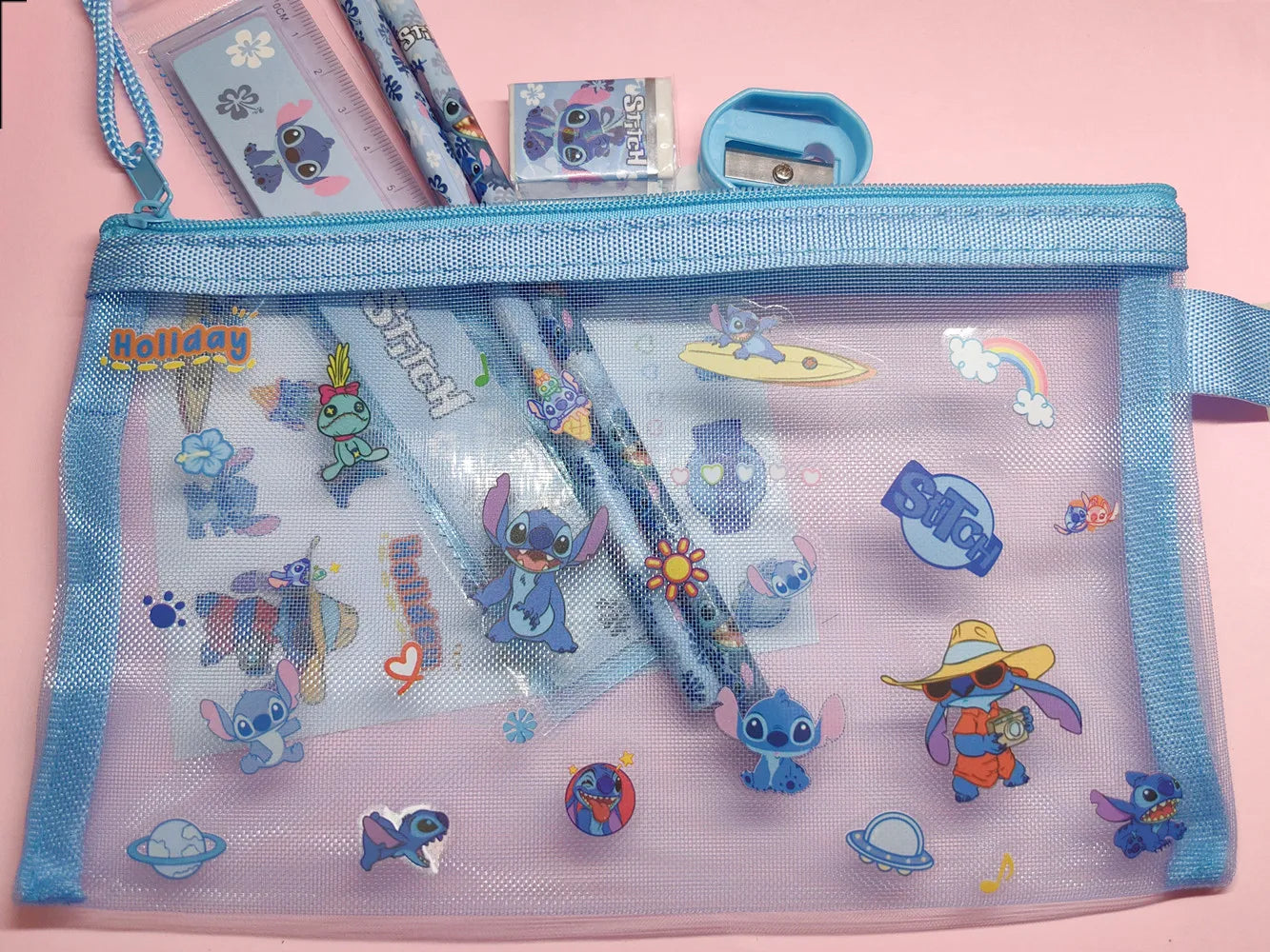 7pcs/Set Disney stitch DIY Stationery Bags Children's Cartoon Stitch Anime sticker Pencil Box Stationery Figure kids Toys Gifts